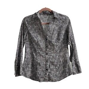 Ann Taylor Womens Size 4 Black White Patterned Button Up Shirt Long Sleeves